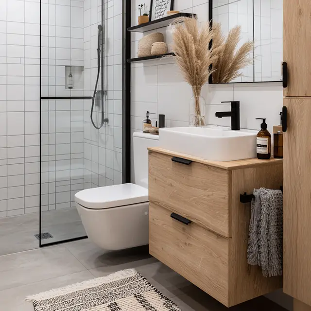 Rénovation de salle de bain moderne à Bex par Hydrosan Sàrl avec douche à l'italienne et meuble en bois.